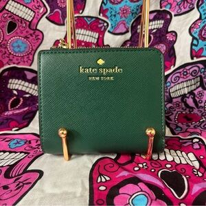Kate Spade Small Compact Bifold Wallet L Zip In Deep Jade Saffiano Leather